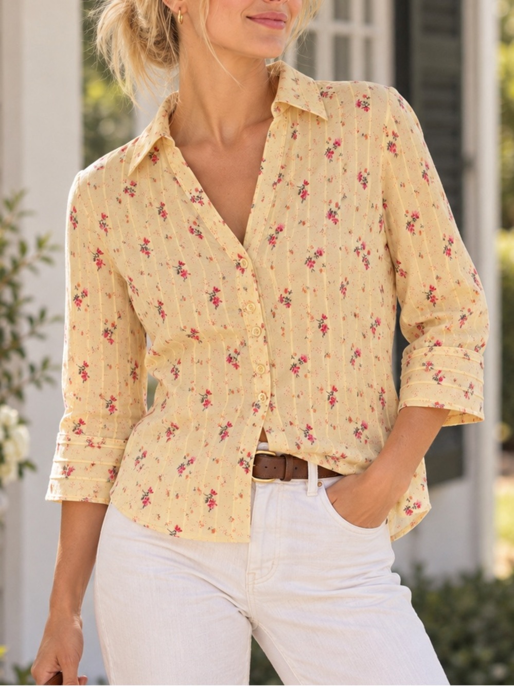 Vintage S 100% Cotton 90’s Yellow Ditsy Pink Floral Button Down Top Cottagecore
